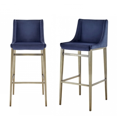 Modrest Mimi Contemporary Blue Velvet & Antique Brass Bar Stool (Set of 2) Blue Bar Stool 77764Z VGGAGA-6544CH-BLU-BS