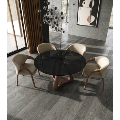 Modrest Christy Mid-Century Modern Grey Glass + Walnut Round Dining Table Walnut Dining Table 82631 VGIP-DT643-RND