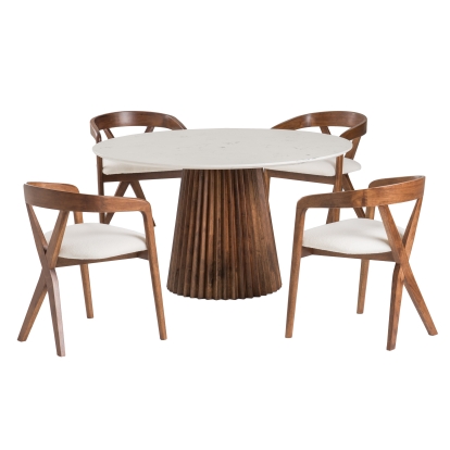 Modrest Nancy Mid-Century Modern White Marble + Walnut Round Dining Table Walnut Dining Table 81564 VGMAMIT-5347