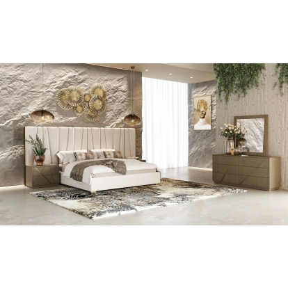 LA Furniture Eastern King Nixa Modern Beige Velvet + Brushed Bronze + Birch 4-Piece Bedroom Set VGVC-BD1909-4PCSET-BGE-EK Contemporary Style by Vig Furnitrue Number 85666 Catch Home Goods