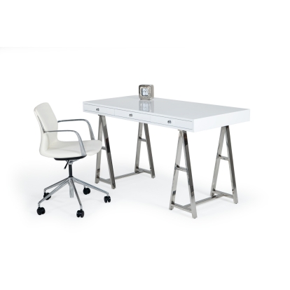 Modrest Ostrow White + Stainless Steel Desk White Office Desk 79098 VGGMCP-705E-WHT-DSK