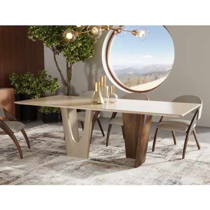 Modrest Brianna Contemporary Marble and Cream/Walnut Dining Table White Dining Table 79639 VGCS-DT-21076
