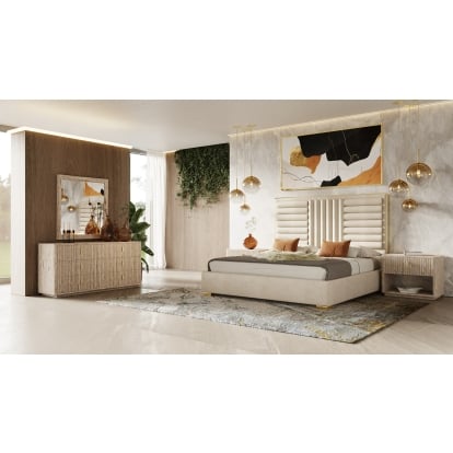 LA Furniture Queen Daystar + Roma Modern Beige Velvet + Travertine + Gold Bedroom Set VGAN-DAYSTAR-ROMA-BED-SET-Q Contemporary Style by Vig Furnitrue Number 81420 Catch Home Goods
