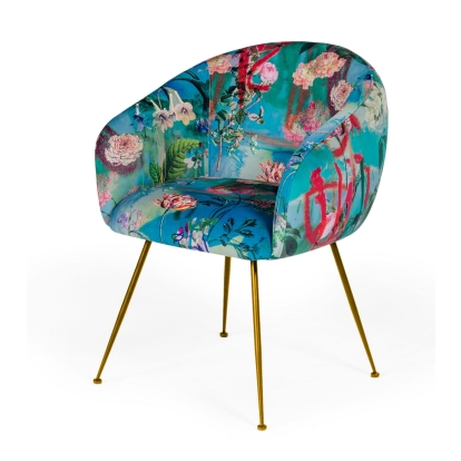 Modrest Roxann Contemporary Floral Velvet Gold Dining Chair Blue Lounge Chair 78557 VGEUMC-9292CH-A-GL-CH