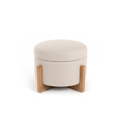Modrest Sada Mid-Century Modern Beige Linen + Chestnut Round Ottoman Beige Ottoman 81526 VGRH-RHS-OZHT03