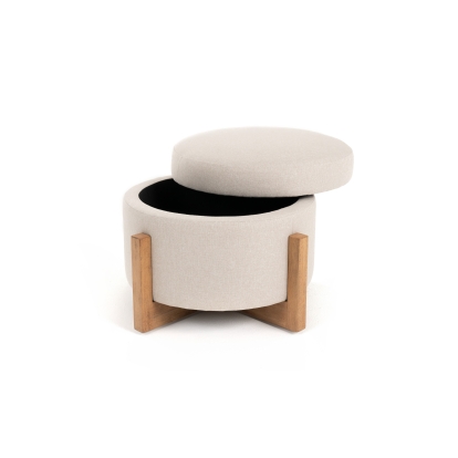 Modrest Sada Mid-Century Modern Beige Linen + Chestnut Round Ottoman Beige Ottoman 81526 VGRH-RHS-OZHT03