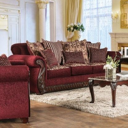 Furniture Of America Tabitha Traditional Fabric, Leatherette, Solid Wood, Others Wine/Gold Sofa | SM6110-SF