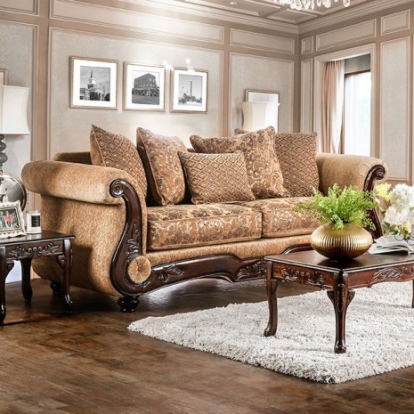 Furniture Of America Nicanor Traditional Chenille, Leatherette, Solid Wood, Others Tan/Gold Sofa | SM6407-SF