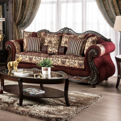 Furniture Of America Matteo Traditional Chenille, Solid Wood, Others Burgundy/Brown Sofa | SM6433-SF