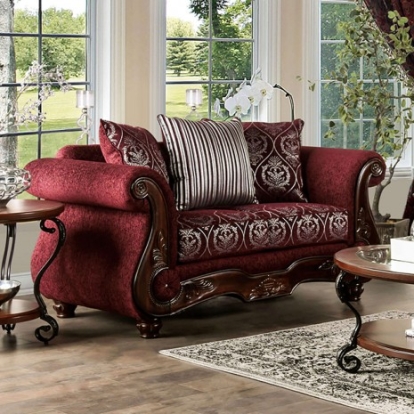 Furniture Of America Sassari Traditional Chenille, Solid Wood Burgundy Loveseat | SM6447-LV