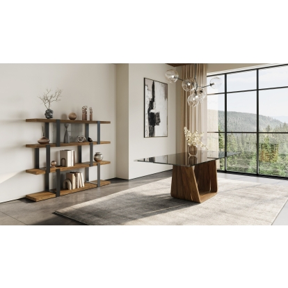 Modrest Solvang Contemporary Grey Glass + Walnut Rectangular Dining Table Walnut Dining Table 83255 VGBB-MI1312