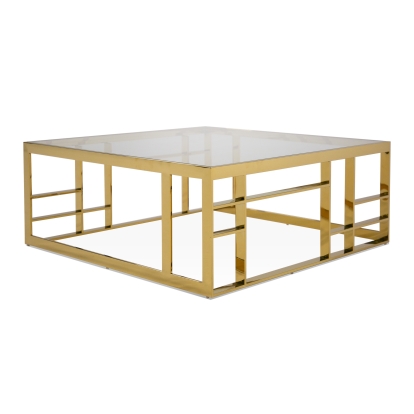 Modrest Stephen Modern Glass & Gold Stainless Steel Square Coffee Table Gold Coffee Table 79546 VGHB-341E-GLD