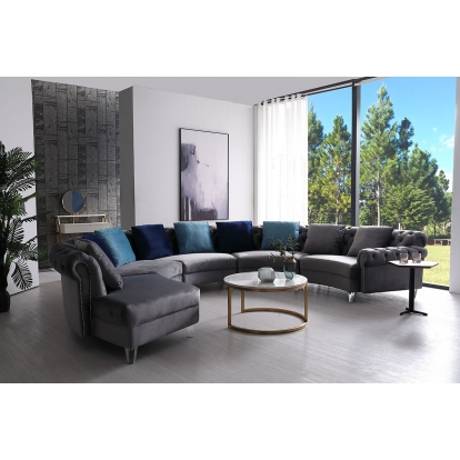 Divani Casa Darla Modern Grey Velvet Curved Sectional Sofa Grey Sectional Sofa 75879 VG2T1124-5P-GRY