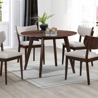 Furniture Of America Onaka Contemporary Engineered Wood, Fabric, Foam, Solid Rubberwood Walnut/Beige 5 Pc. Round Table Dining Set | TM3112T-5PC