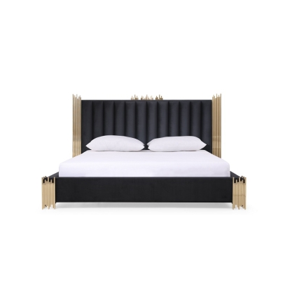 Modrest Token Modern Black + Gold Bed + Nightstands Black Bedroom Set 79284|79285|79286 VGVCBD815-BLK-BED-2NS-SET