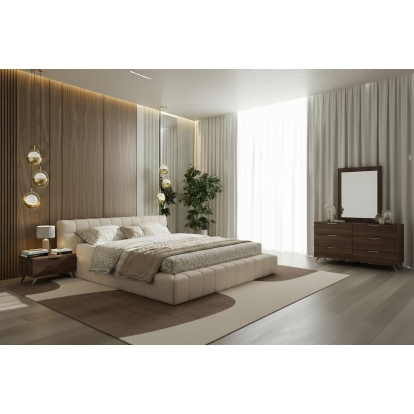 LA Furniture Queen Tyree + Brooklyn Modern Off-White Fabric + Walnut 4-Piece Bedroom Set VGOD-TYREE-BROOKLYN-SET-Q Contemporary Style by Vig Furnitrue Number 86016 Catch Home Goods