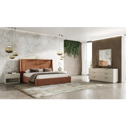 Lamod Roma + Lago Modern Burnt Orange Velvet + Faux Travertine 4-Piece Bedroom Set Beige Bedroom Set 85642|85643 VGAC-ROMALAGO-4PC-SET